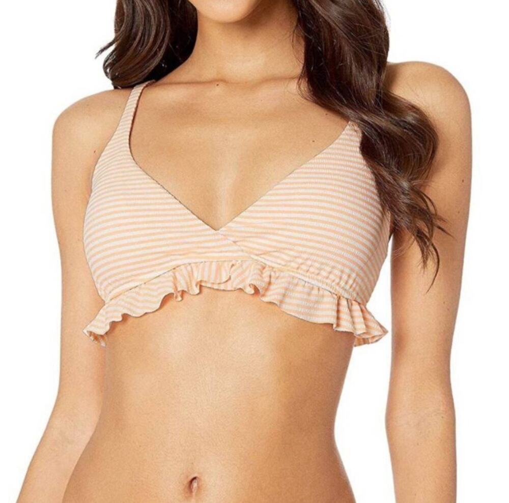 Polo Ralph Lauren Bikini Top SZ Small NWT Seersucker Ruffle Orange White Stripe
